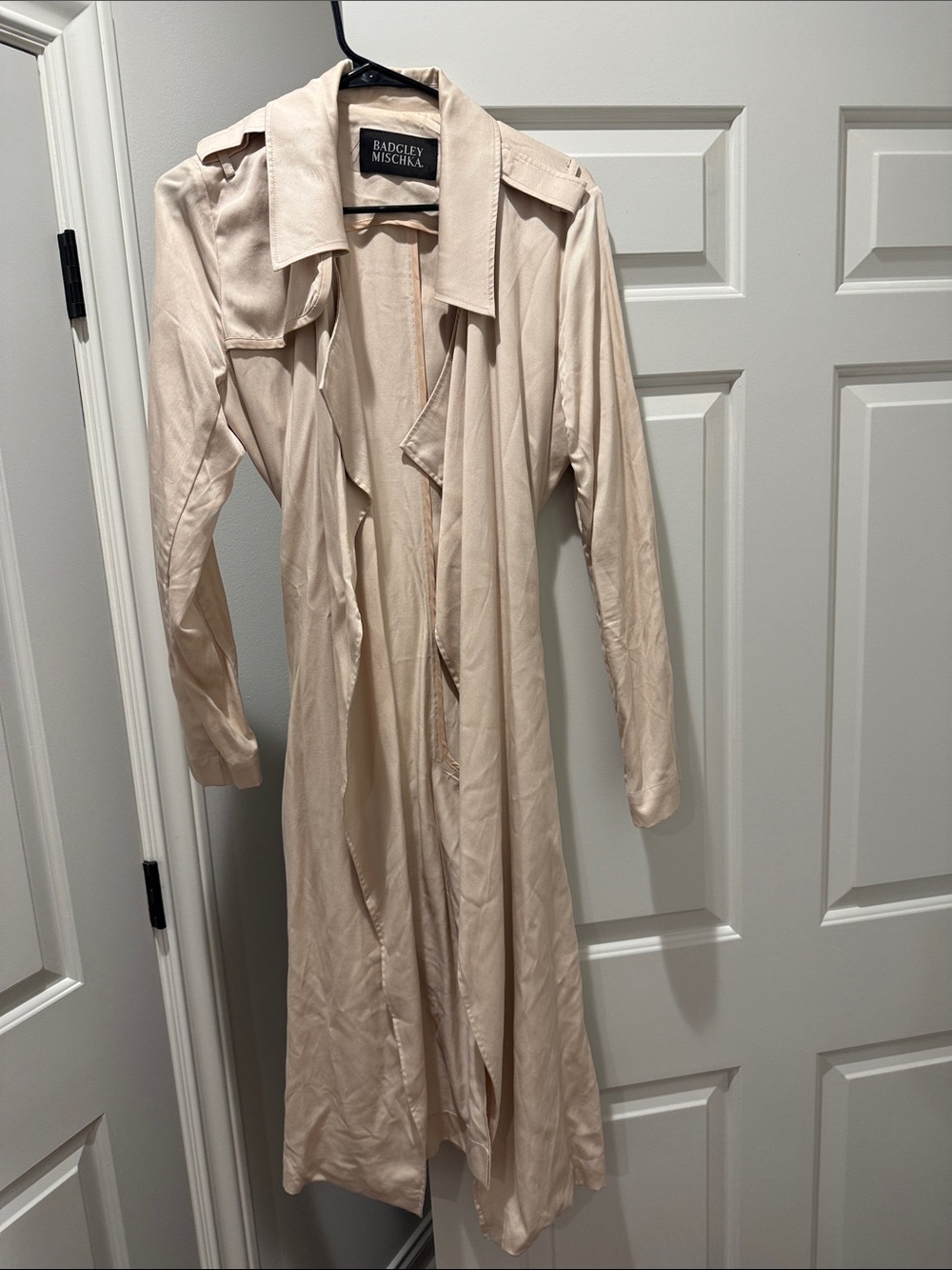 Badgley Mischka Light Beige Satin Longline Trench